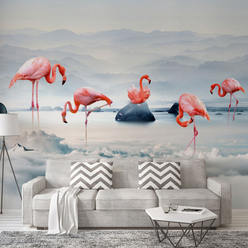 Illustration Flamingo Mural Wallpaper Whole Wall Art for Girl's Bedroom, Made to Measure Clearhalo 'Wall Decor' 'Wall Mural' 1036573