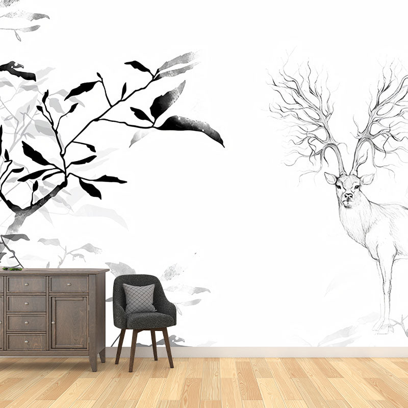 Simplicity Deer Elk Wall Decor for Bedroom, Personalized Size Wall Mural Decal in Black and White Black-White Clearhalo 'Wall Decor' 'Wall Mural' 1036577