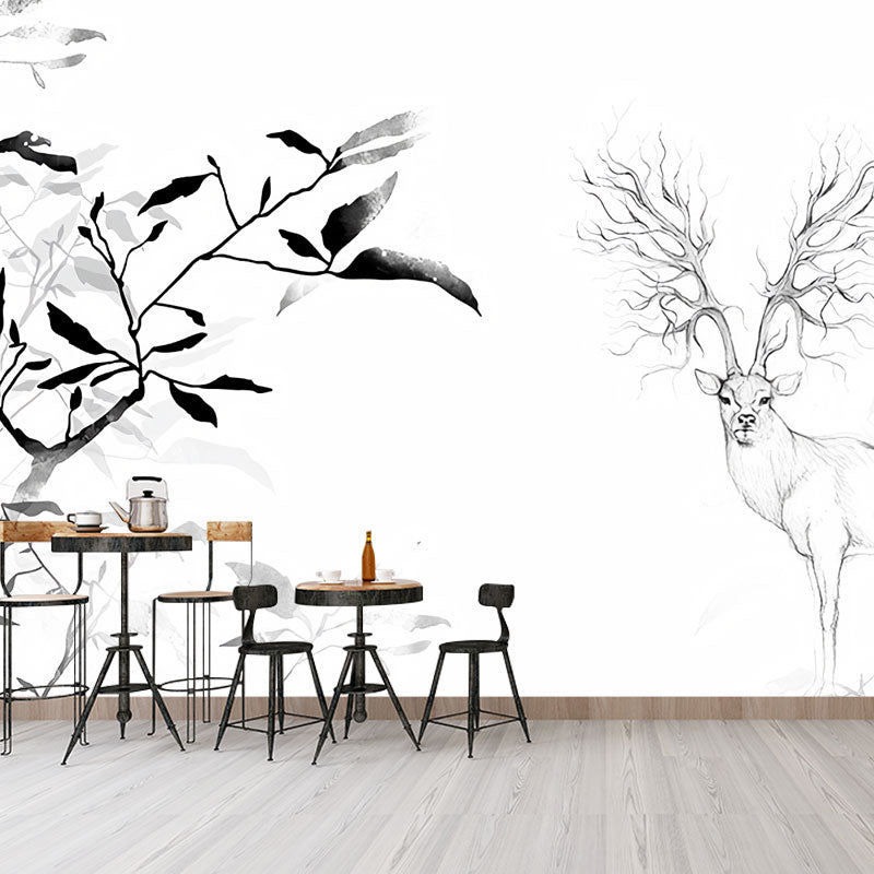 Simplicity Deer Elk Wall Decor for Bedroom, Personalized Size Wall Mural Decal in Black and White Clearhalo 'Wall Decor' 'Wall Mural' 1036578