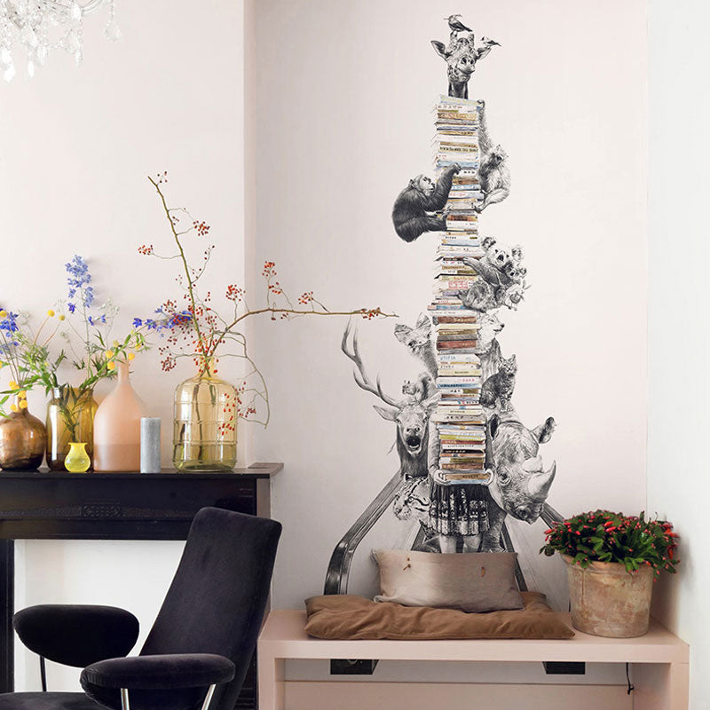Whole Illustration Original Mural Wallpaper for Guest Room with Elevator and Animal Design in Grey and Black Clearhalo 'Wall Decor' 'Wall Mural' 1036593