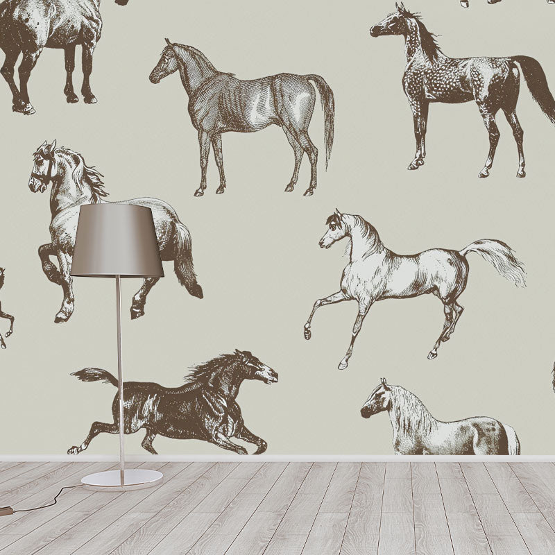 Full Size Minimalist Mural Wallpaper in Grey and Black Galloping Horses Wall Art for Coffee Shop Clearhalo 'Wall Decor' 'Wall Mural' 1036617