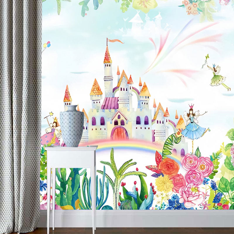 Green and Pink Simple Mural Wallpaper Personalized Size Castle and Blossoms Wall Art for Kid Clearhalo 'Wall Decor' 'Wall Mural' 1036637