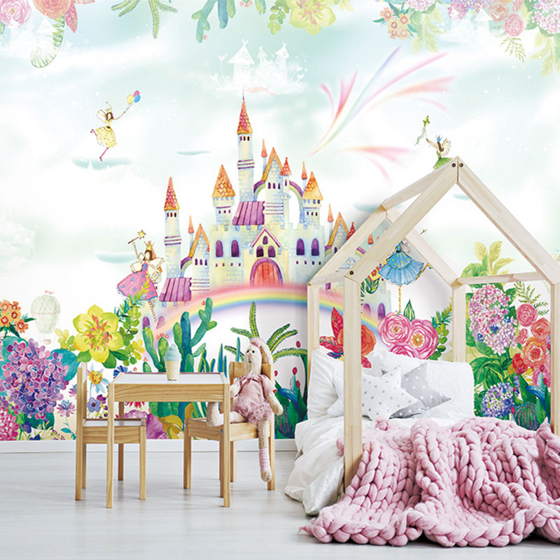 Green and Pink Simple Mural Wallpaper Personalized Size Castle and Blossoms Wall Art for Kid Clearhalo 'Wall Decor' 'Wall Mural' 1036638