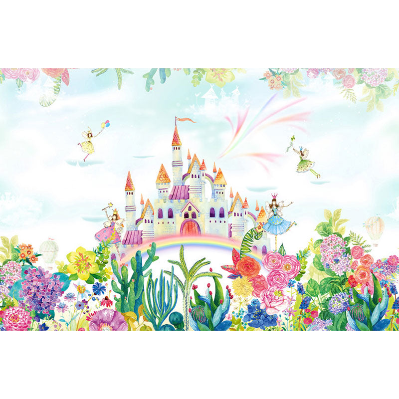 Green and Pink Simple Mural Wallpaper Personalized Size Castle and Blossoms Wall Art for Kid Clearhalo 'Wall Decor' 'Wall Mural' 1036639