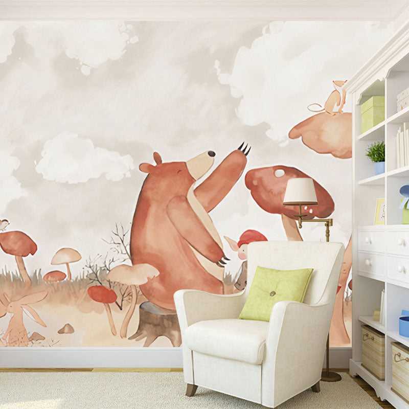 Cartoon Bear and Mushroom Mural Wallpaper for Children Contemporary Wall Decor in Natural Color, Made to Measure Clearhalo 'Wall Decor' 'Wall Mural' 1036668