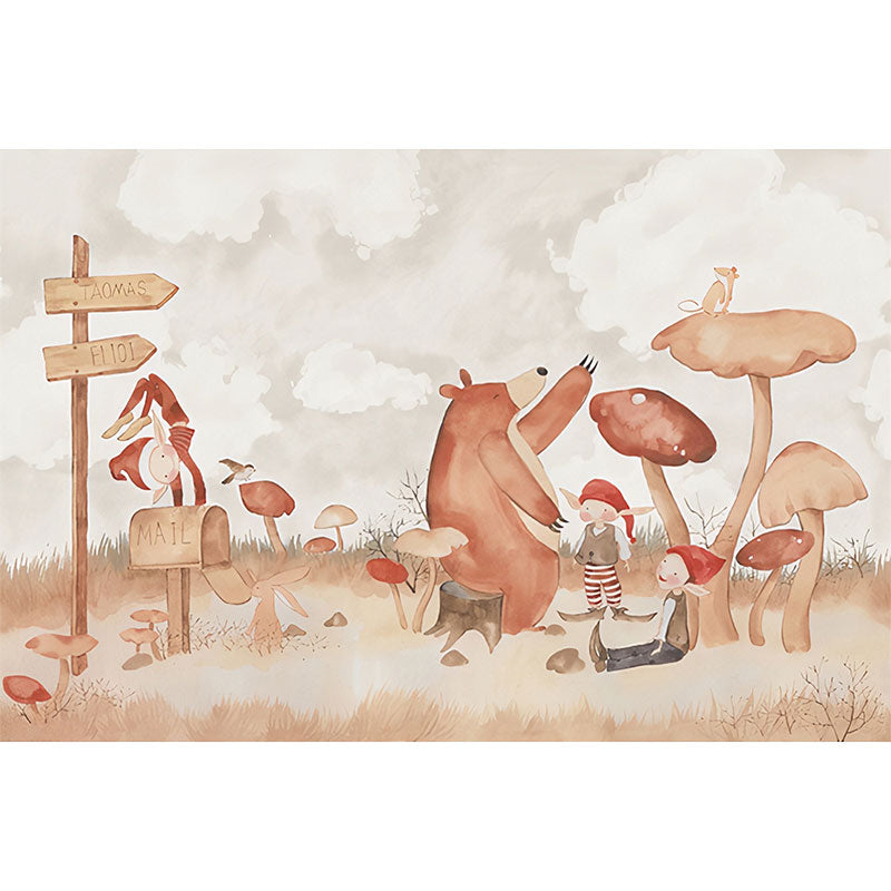 Cartoon Bear and Mushroom Mural Wallpaper for Children Contemporary Wall Decor in Natural Color, Made to Measure Clearhalo 'Wall Decor' 'Wall Mural' 1036669