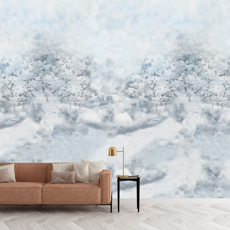 Minimalist Snowy Forest Wall Mural for Accent Wall, Personalized Size Wall Decor in Blue and White Light Blue-White Clearhalo 'Wall Decor' 'Wall Mural' 1036712