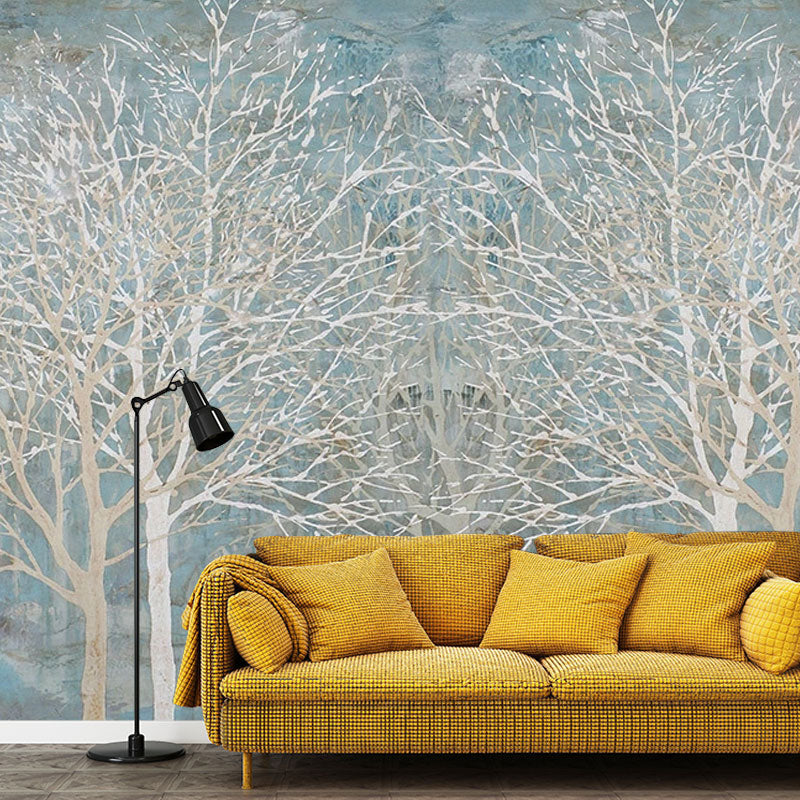 Large Illustration Style Trees Mural Wallpaper for Bedroom Decoration in Soft Blue, Custom-Printed Blue Clearhalo 'Wall Decor' 'Wall Mural' 1036727