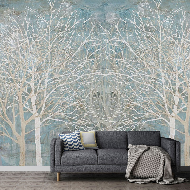 Large Illustration Style Trees Mural Wallpaper for Bedroom Decoration in Soft Blue, Custom-Printed Clearhalo 'Wall Decor' 'Wall Mural' 1036728