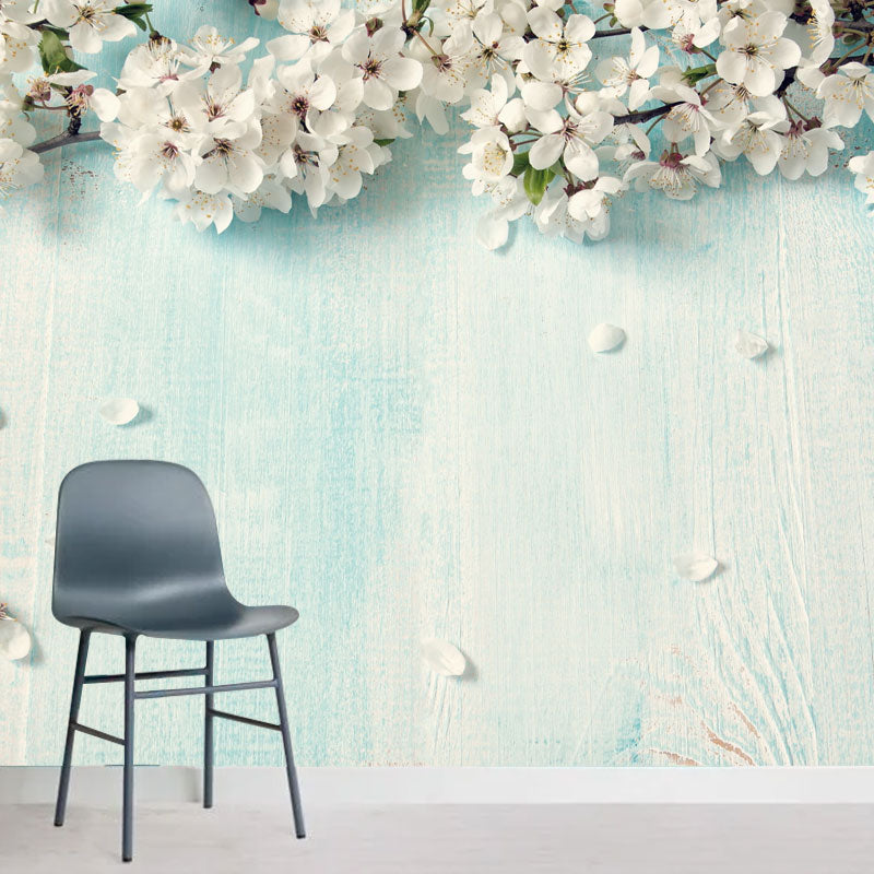 Moisture-Resistant Sakura Blossoms Wall Mural Non-Woven Fabric Minimalist Wall Art for Bedroom Blue Clearhalo 'Wall Decor' 'Wall Mural' 1036732