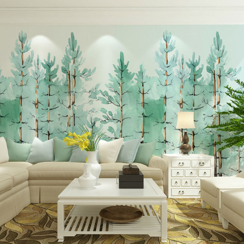 Watercolors of Pine Tree Mural for Study Room Decoration Minimalist Wall Art, Personalized Size Available Green-Blue Clearhalo 'Wall Decor' 'Wall Mural' 1036773