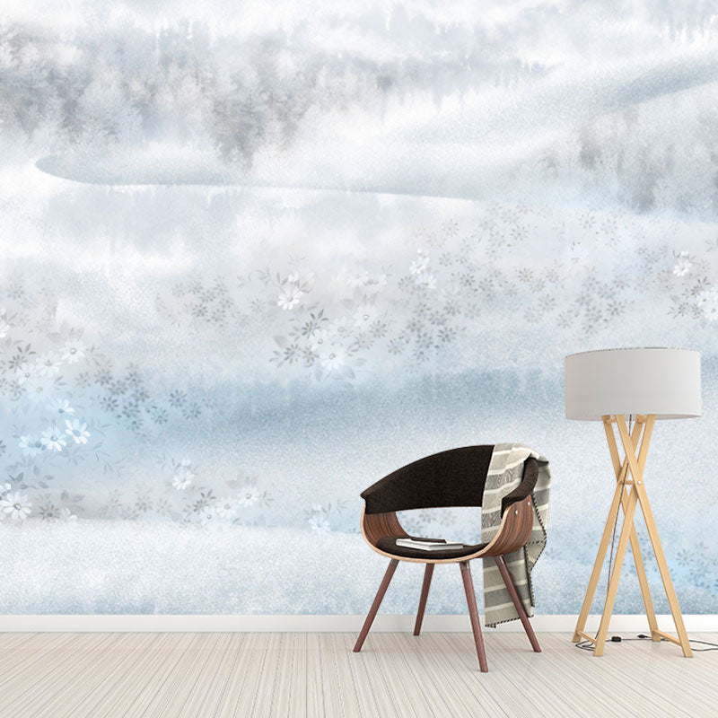 Big Snowy Blossoms Mural Wallpaper in Grey and White Non-Woven Fabric Wall Art for Home Decor, Custom-Made Gray-White Clearhalo 'Wall Decor' 'Wall Mural' 1036783