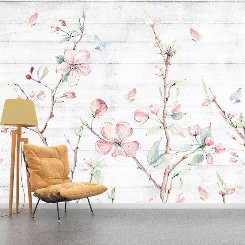 Simplicity Blossoms and Butterfly Mural in Pastel Pink Bedroom Decorative Wall Covering, Made to Measure Pink Clearhalo 'Wall Decor' 'Wall Mural' 1036795