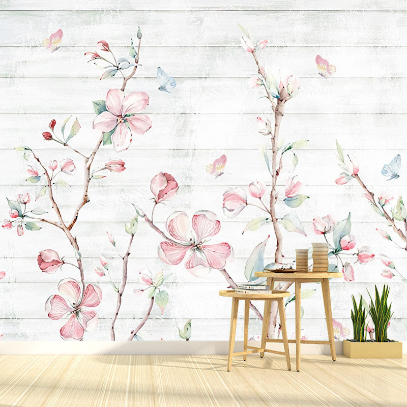 Simplicity Blossoms and Butterfly Mural in Pastel Pink Bedroom Decorative Wall Covering, Made to Measure Clearhalo 'Wall Decor' 'Wall Mural' 1036796