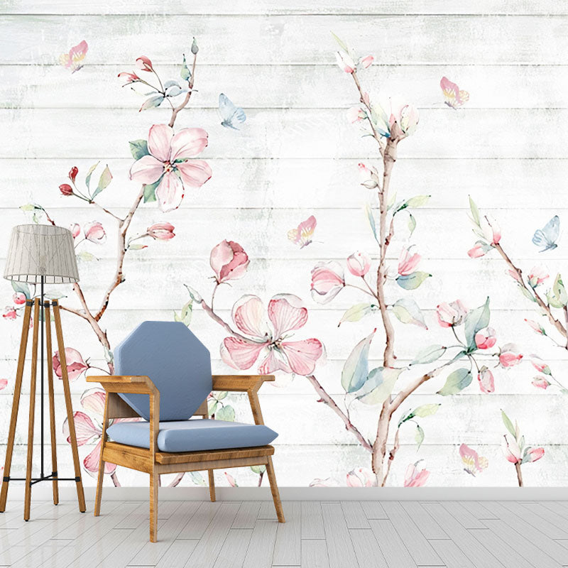 Simplicity Blossoms and Butterfly Mural in Pastel Pink Bedroom Decorative Wall Covering, Made to Measure Clearhalo 'Wall Decor' 'Wall Mural' 1036797