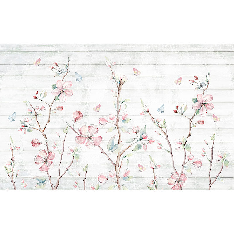 Simplicity Blossoms and Butterfly Mural in Pastel Pink Bedroom Decorative Wall Covering, Made to Measure Clearhalo 'Wall Decor' 'Wall Mural' 1036798