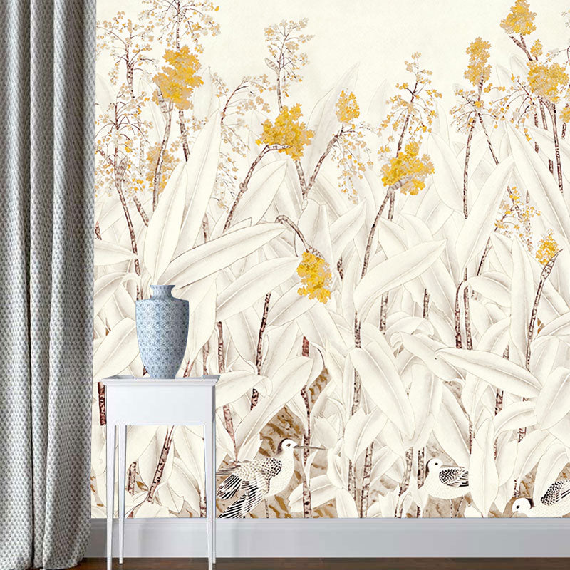 Illustration Bird and Flower Mural Wallpaper Custom-Made Wall Covering for Accent Wall, Made to Measure Yellow Clearhalo 'Wall Decor' 'Wall Mural' 1036815