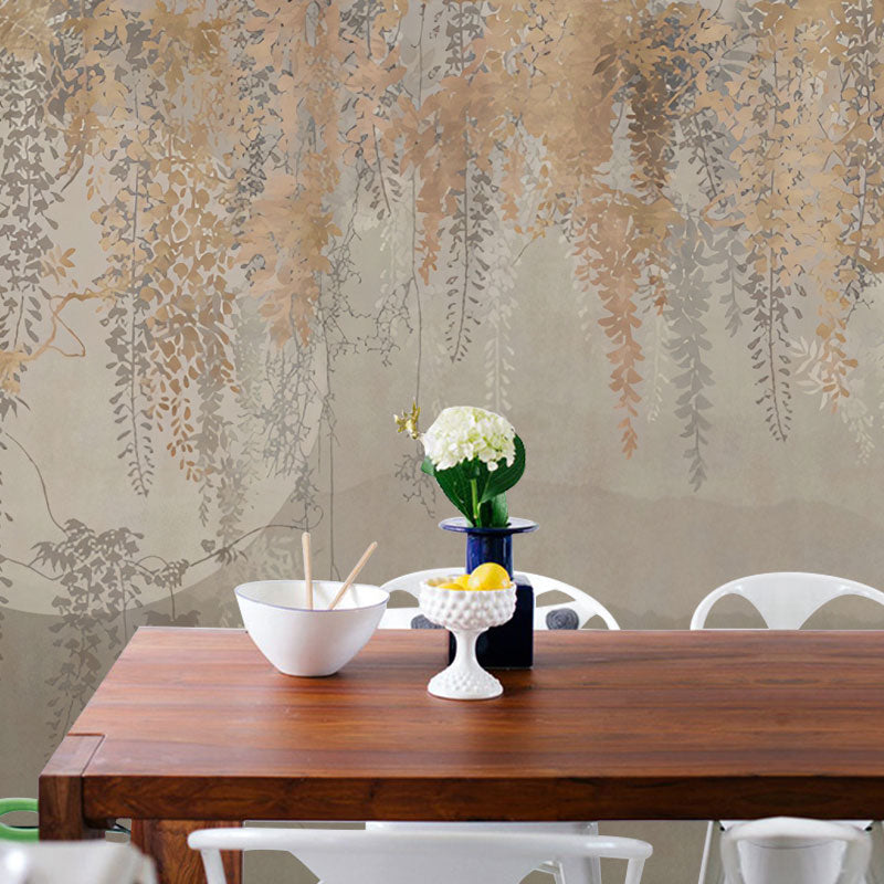 Enormous Draping Leaves Mural Wallpaper for Accent Wall Non-Woven Wall Covering in Grey and Brown, Stain-Resistant Gray-Coffee Clearhalo 'Wall Decor' 'Wall Mural' 1036825