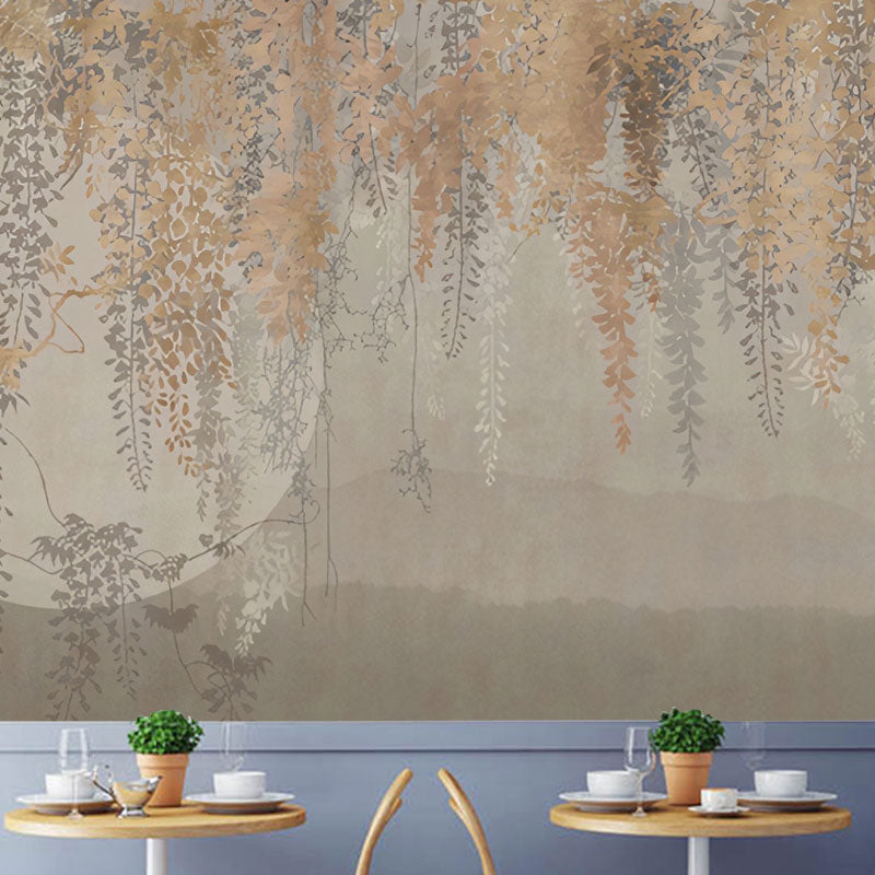 Enormous Draping Leaves Mural Wallpaper for Accent Wall Non-Woven Wall Covering in Grey and Brown, Stain-Resistant Clearhalo 'Wall Decor' 'Wall Mural' 1036826