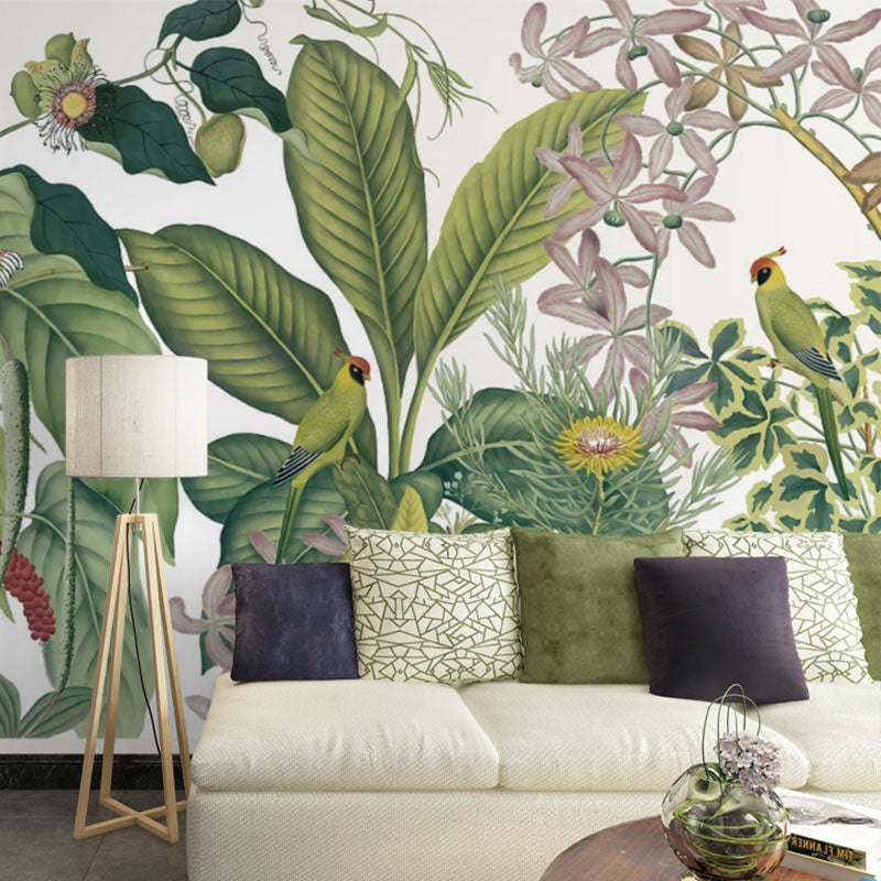 Whole Nordic Wall Mural Decal in Pastel Green Banana Leaves and Blossoms Wall Decor, Made to Measure Green Clearhalo 'Wall Decor' 'Wall Mural' 1036864