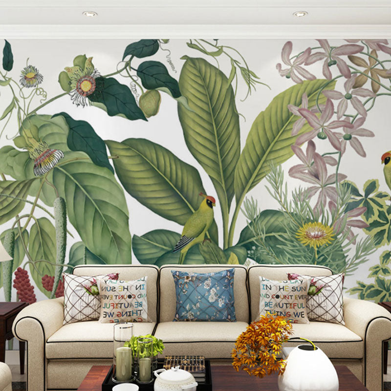 Whole Nordic Wall Mural Decal in Pastel Green Banana Leaves and Blossoms Wall Decor, Made to Measure Clearhalo 'Wall Decor' 'Wall Mural' 1036865