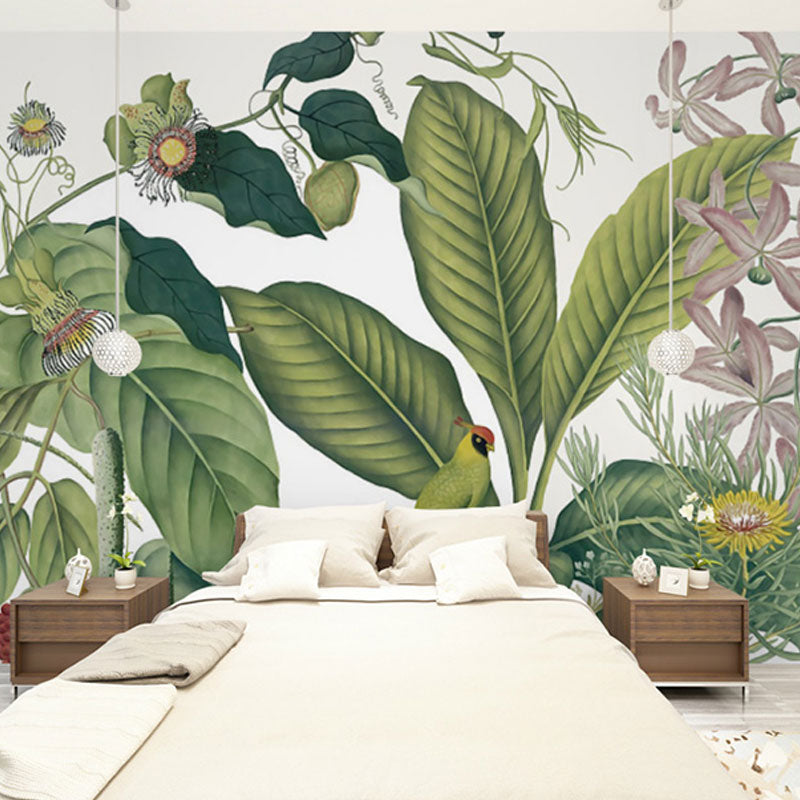 Whole Nordic Wall Mural Decal in Pastel Green Banana Leaves and Blossoms Wall Decor, Made to Measure Clearhalo 'Wall Decor' 'Wall Mural' 1036866