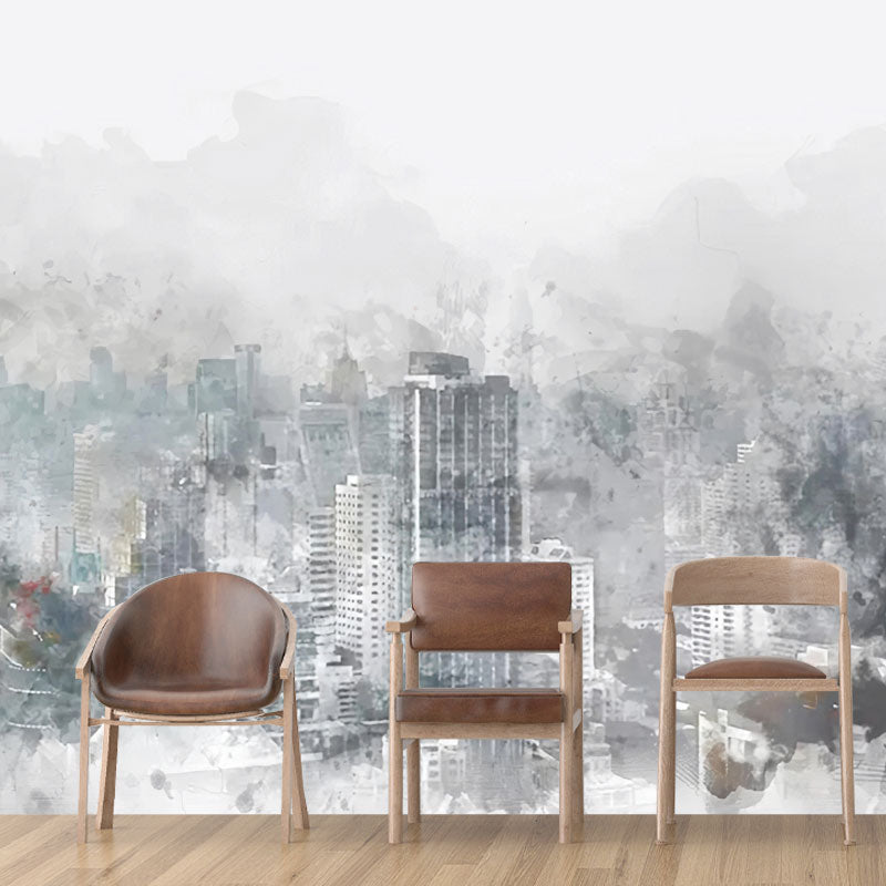 Soft Grey Simple Mural Wallpaper Extra Large Skyscrapers Wall Covering for Meeting Room Grey Clearhalo 'Wall Decor' 'Wall Mural' 1036869