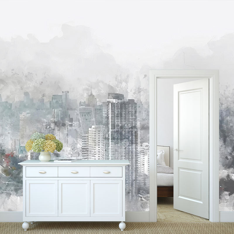 Soft Grey Simple Mural Wallpaper Extra Large Skyscrapers Wall Covering for Meeting Room Clearhalo 'Wall Decor' 'Wall Mural' 1036870