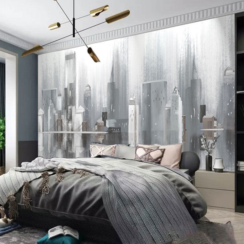 Sketch of Urban Building Mural for Bedroom Decoration, Soft Grey, Personalized Size Available Clearhalo 'Wall Decor' 'Wall Mural' 1036884