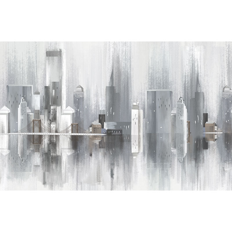 Sketch of Urban Building Mural for Bedroom Decoration, Soft Grey, Personalized Size Available Clearhalo 'Wall Decor' 'Wall Mural' 1036885