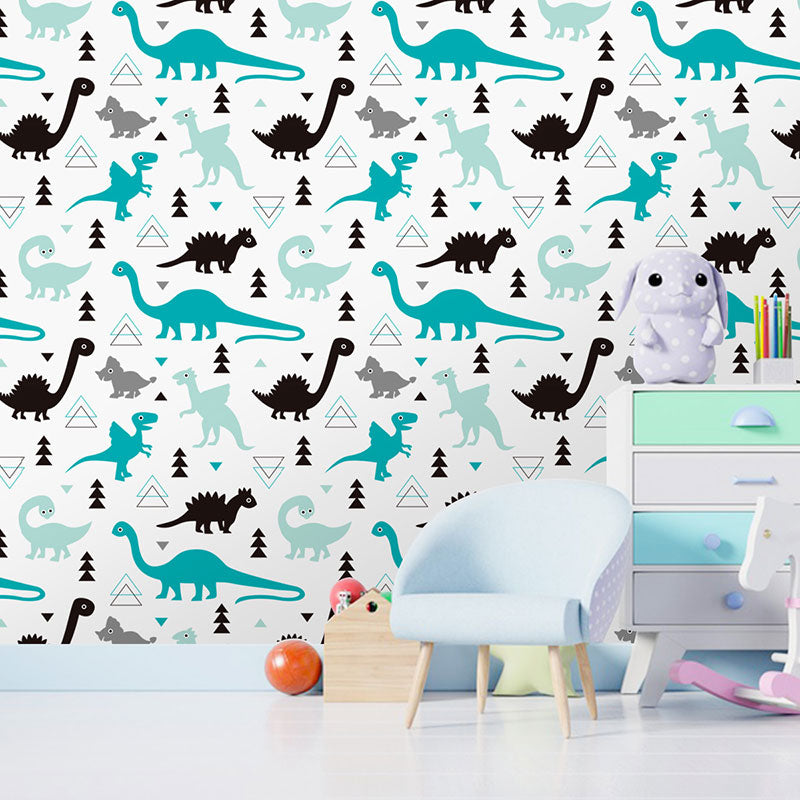 Illustration Cartoon Dinosaur Wallpaper for Children's Bedroom in Blue and Black, Self-Adhesive, 29.1 sq ft. Aqua Clearhalo 'Wall Decor' 'Wallpaper' 1037432