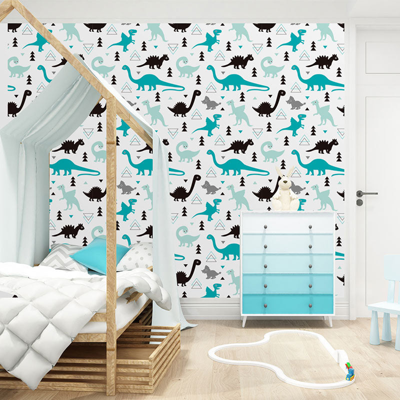 Illustration Cartoon Dinosaur Wallpaper for Children's Bedroom in Blue and Black, Self-Adhesive, 29.1 sq ft. Clearhalo 'Wall Decor' 'Wallpaper' 1037433