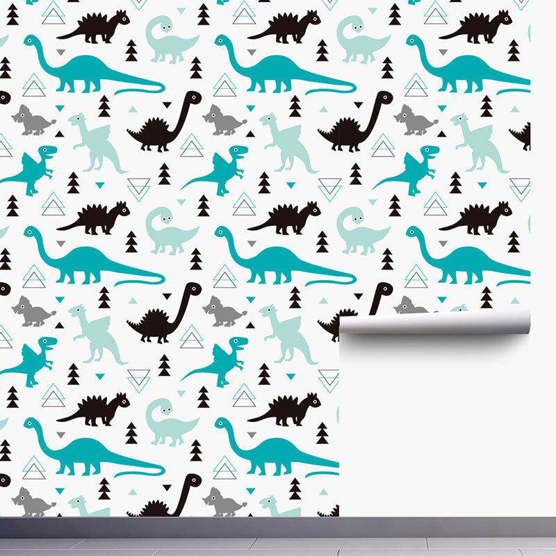 Illustration Cartoon Dinosaur Wallpaper for Children's Bedroom in Blue and Black, Self-Adhesive, 29.1 sq ft. Clearhalo 'Wall Decor' 'Wallpaper' 1037434