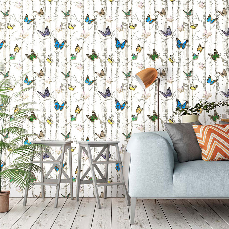 Birch Tree and Butterfly Wallpaper Roll Peel and Stick Wall Covering for Coffee Shop Blue-Green Clearhalo 'Country wall decor' 'Rustic' 'Wallpaper' Wall Decor' 1037438