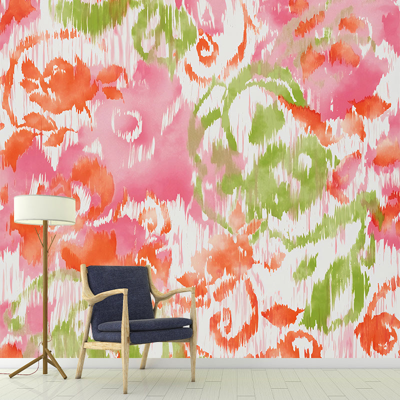 Custom Illustration Original Mural Wallpaper for Accent Wall with Watercolors of Blossoms Design in Pink Clearhalo 'Wall Decor' 'Wall Mural' 1041074