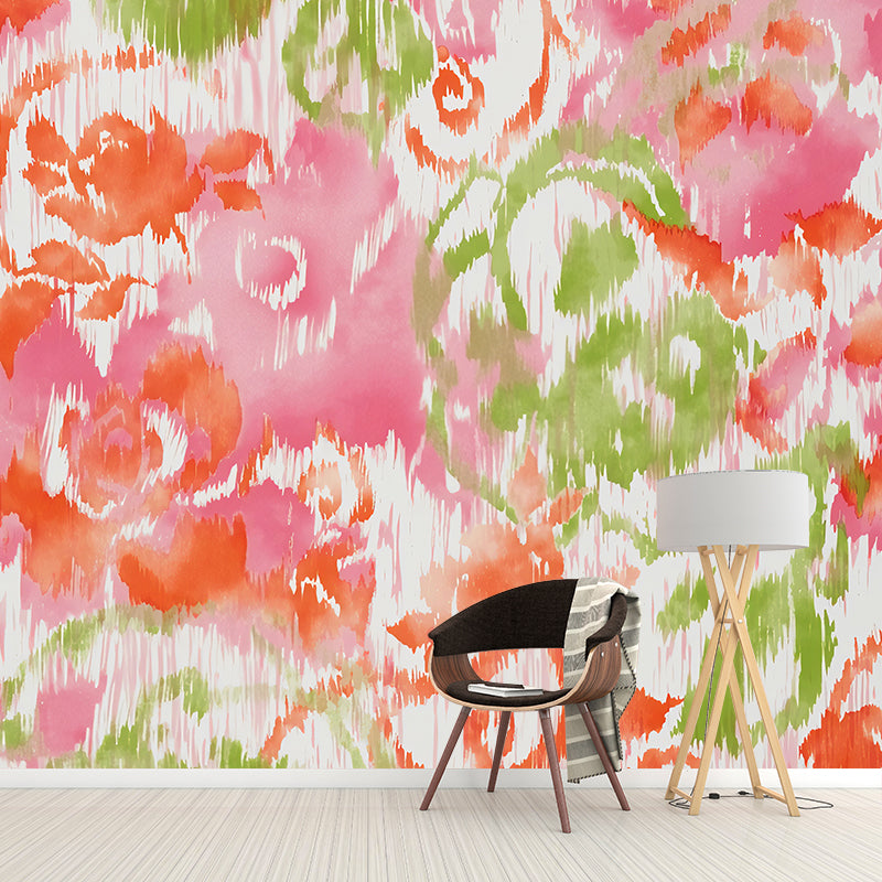 Custom Illustration Original Mural Wallpaper for Accent Wall with Watercolors of Blossoms Design in Pink Clearhalo 'Wall Decor' 'Wall Mural' 1041075