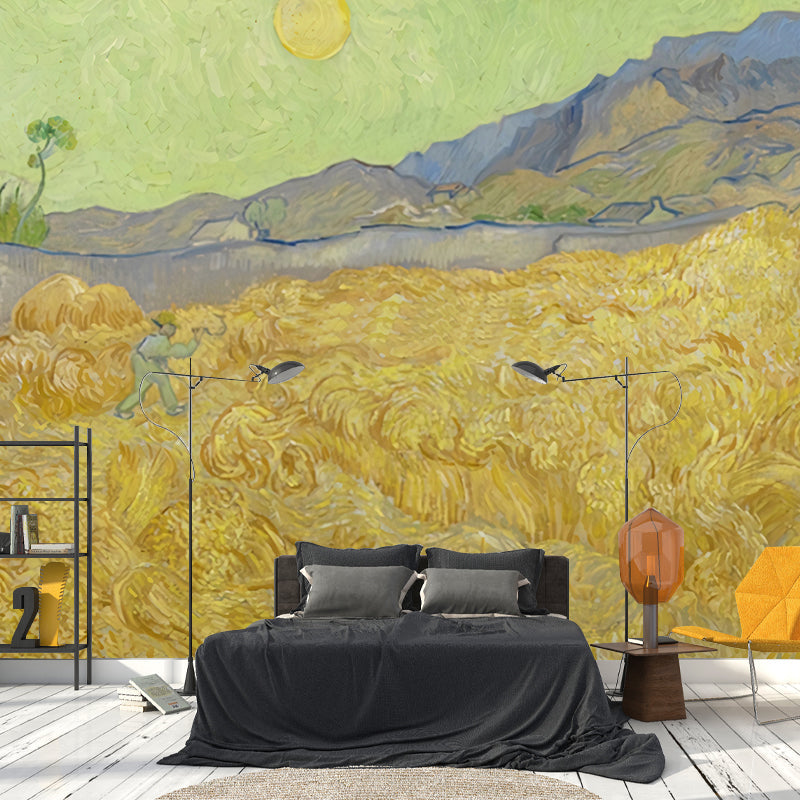 Yellow and Green Classic Mural Personalized Size Wheat Field and Sun Wall Decor for Accent Wall Clearhalo 'Wall Decor' 'Wall Mural' 1041085