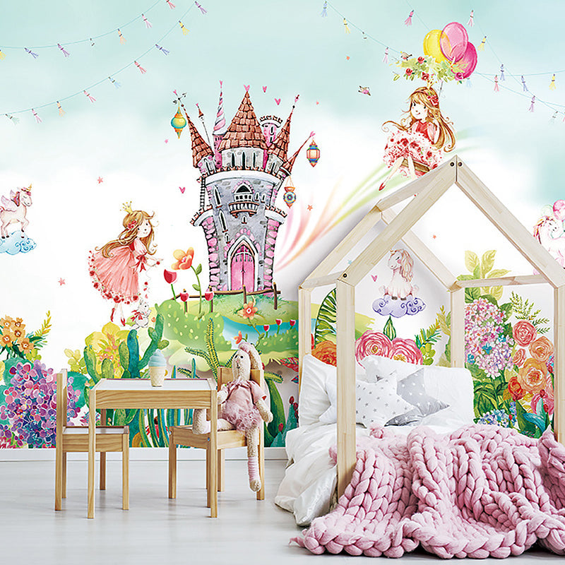 Enormous Illustration Contemporary Mural Wallpaper for Kids with Castle and Princess Pattern in Pink and Green Pink-Green Clearhalo 'Wall Decor' 'Wall Mural' 1041143