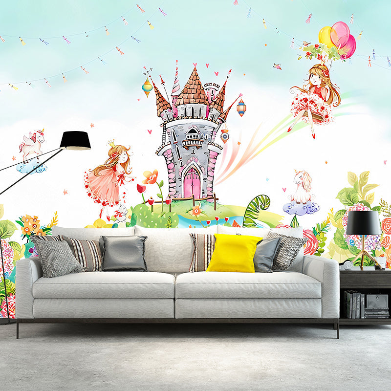 Enormous Illustration Contemporary Mural Wallpaper for Kids with Castle and Princess Pattern in Pink and Green Clearhalo 'Wall Decor' 'Wall Mural' 1041144