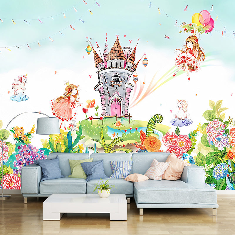 Enormous Illustration Contemporary Mural Wallpaper for Kids with Castle and Princess Pattern in Pink and Green Clearhalo 'Wall Decor' 'Wall Mural' 1041145