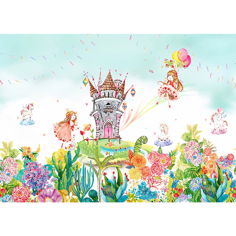 Enormous Illustration Contemporary Mural Wallpaper for Kids with Castle and Princess Pattern in Pink and Green Clearhalo 'Wall Decor' 'Wall Mural' 1041146