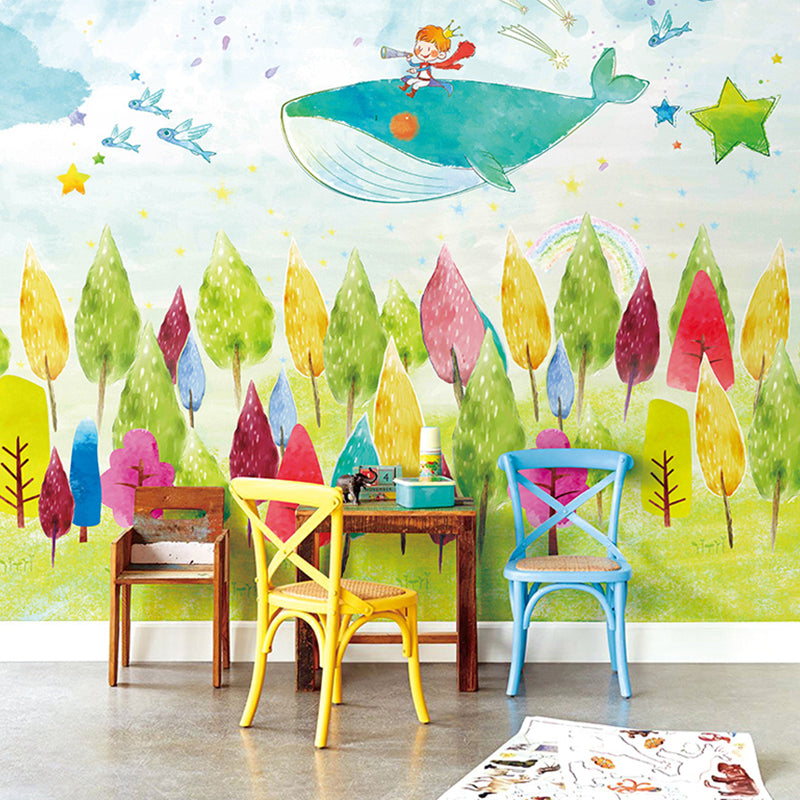 Illustration Whale and Tree Mural Extra Large Wall Covering for Children, Made to Measure Blue-Green Clearhalo 'Wall Decor' 'Wall Mural' 1041148