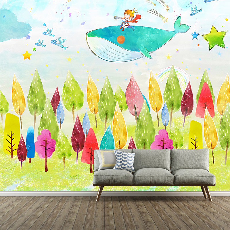 Illustration Whale and Tree Mural Extra Large Wall Covering for Children, Made to Measure Clearhalo 'Wall Decor' 'Wall Mural' 1041149