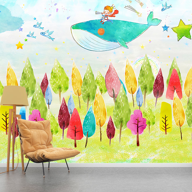 Illustration Whale and Tree Mural Extra Large Wall Covering for Children, Made to Measure Clearhalo 'Wall Decor' 'Wall Mural' 1041150