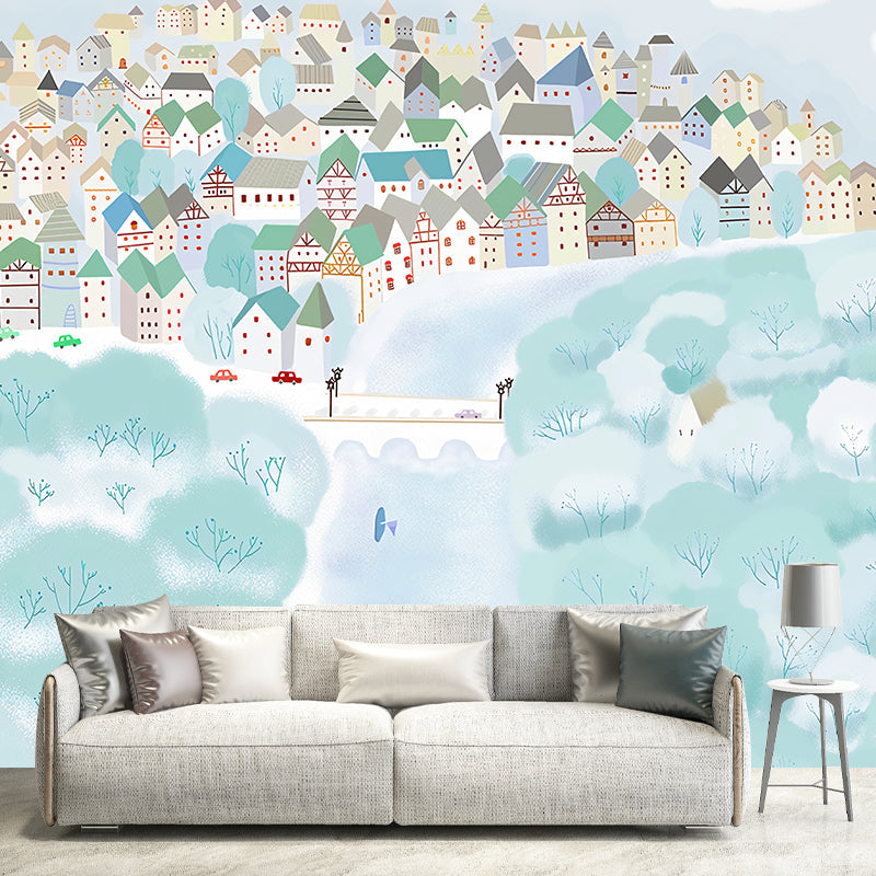 Minimalist Cartoon House Wall Art for Kid's Bedroom, Custom-Made Mural Wallpaper in Blue Clearhalo 'Wall Decor' 'Wall Mural' 1041154