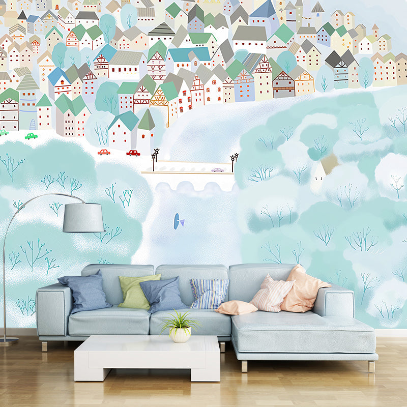 Minimalist Cartoon House Wall Art for Kid's Bedroom, Custom-Made Mural Wallpaper in Blue Clearhalo 'Wall Decor' 'Wall Mural' 1041155