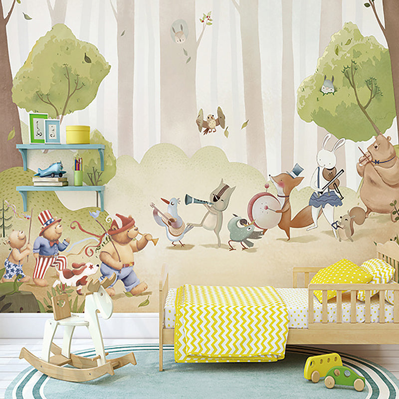 Whole Animal and Forest Mural Wallpaper for Kid Cartoon Design Wall Covering in Green, Stain-Resistant Green Clearhalo 'Wall Decor' 'Wall Mural' 1041158