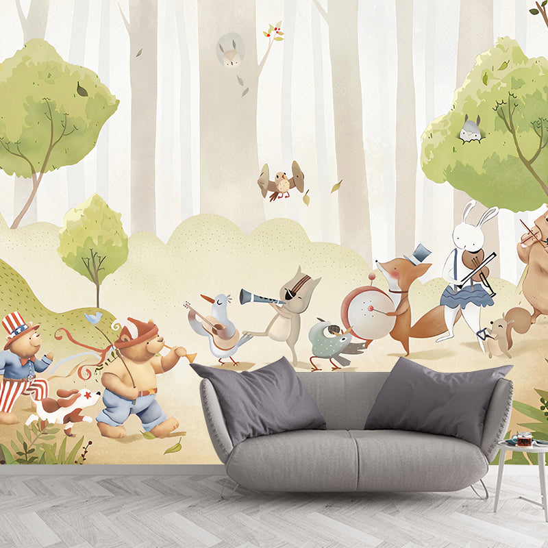 Whole Animal and Forest Mural Wallpaper for Kid Cartoon Design Wall Covering in Green, Stain-Resistant Clearhalo 'Wall Decor' 'Wall Mural' 1041159