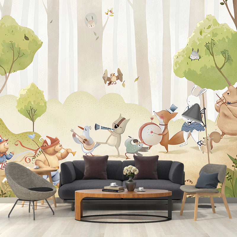 Whole Animal and Forest Mural Wallpaper for Kid Cartoon Design Wall Covering in Green, Stain-Resistant Clearhalo 'Wall Decor' 'Wall Mural' 1041160