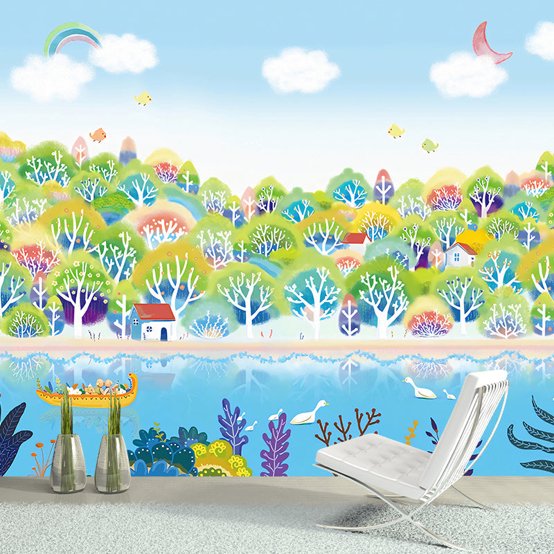 Illustration River and Forest Mural Wallpaper for Children in Blue and Green, Made to Measure Blue-Green Clearhalo 'Wall Decor' 'Wall Mural' 1041168